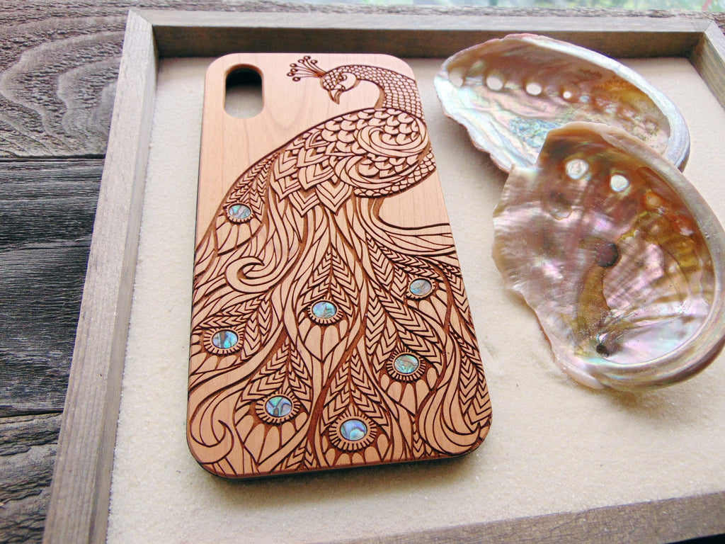 iPhone 16, 15, 14, 13, 12 Pro Max case, Samsung Galaxy S22 ultra, S21, pixel 6, 6A Peacock design, abalone shell inlay phone case