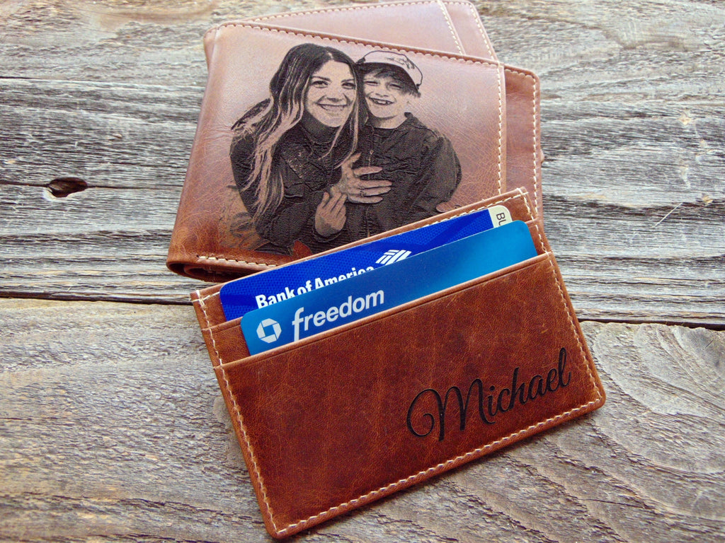 Personalized wallet gift for him, photo engraved leather mens wallet, Christmas, anniversary birthday gift, slim RFID blocking, gift for men