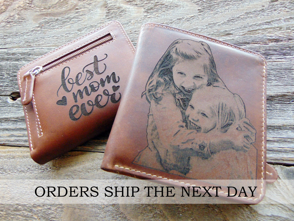 Personalized wallet gift for her, Photo engraved purse, minimalist RFID leather wallet, customized gift for mom, mothers day gift