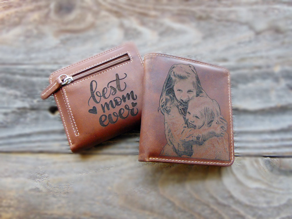 Personalized wallet gift for her, Photo engraved purse, minimalist RFID leather wallet, customized gift for mom, mothers day gift