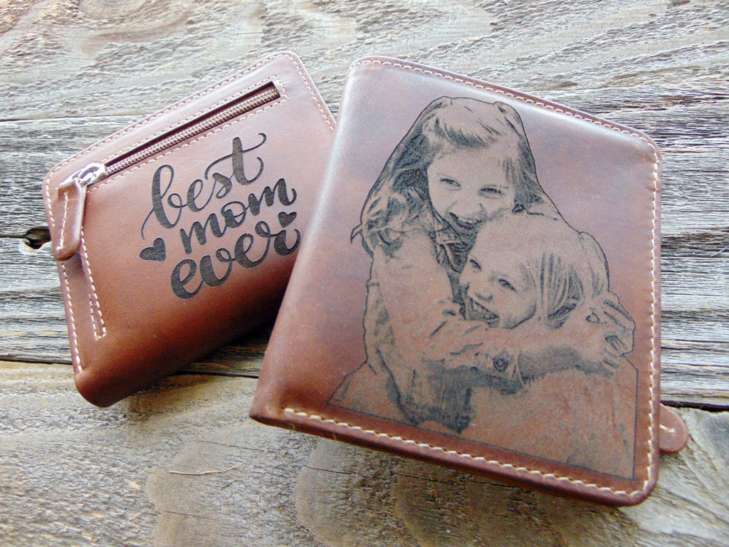 Personalized wallet gift for her, Photo engraved purse, minimalist RFID leather wallet, customized gift for mom, mothers day gift