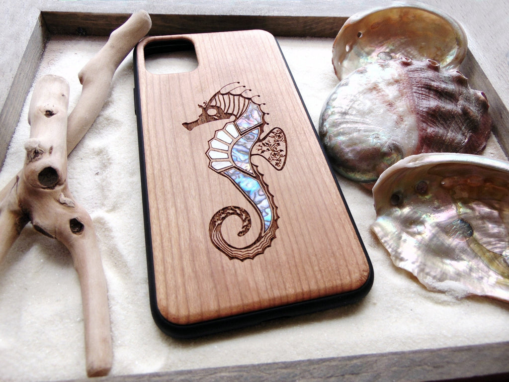 iPhone 16, 15, 14, 13, 12 Max case, Samsung Galaxy s24, S23, S22 ultra, Seahorse design, abalone shell inlay phone case