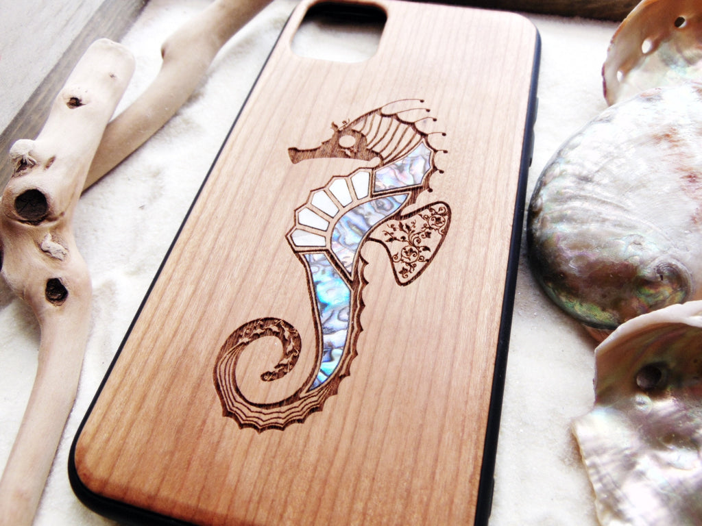 iPhone 16, 15, 14, 13, 12 Max case, Samsung Galaxy s24, S23, S22 ultra, Seahorse design, abalone shell inlay phone case