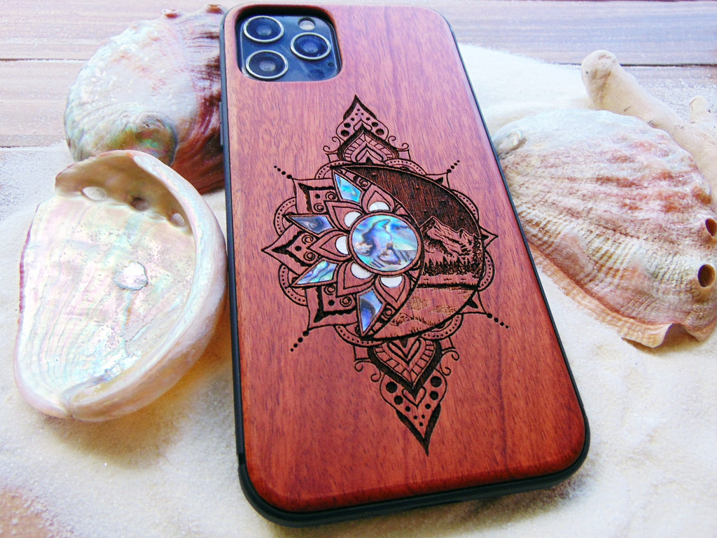 iPhone 16, 15, 14, 13, 12 Pro Max case, Samsung Galaxy S22 ultra, S21, plus Sun and Moon design, abalone shell inlay phone case