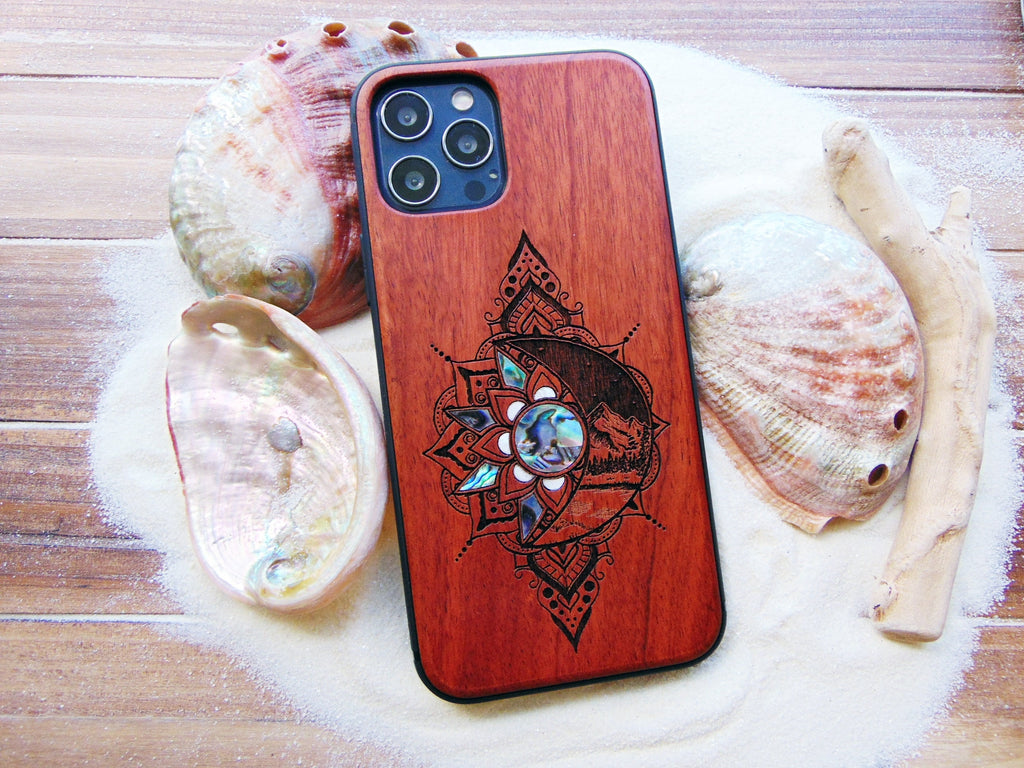 iPhone 16, 15, 14, 13, 12 Pro Max case, Samsung Galaxy S22 ultra, S21, plus Sun and Moon design, abalone shell inlay phone case