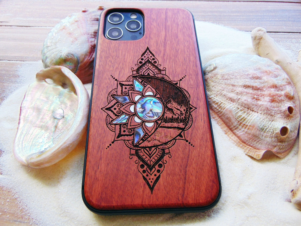 iPhone 16, 15, 14, 13, 12 Pro Max case, Samsung Galaxy S22 ultra, S21, plus Sun and Moon design, abalone shell inlay phone case