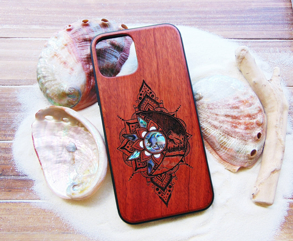 iPhone 15, 14, 13, 12 Pro Max case, Samsung Galaxy S22 ultra, S21, plus Sun and Moon design, abalone shell inlay phone case