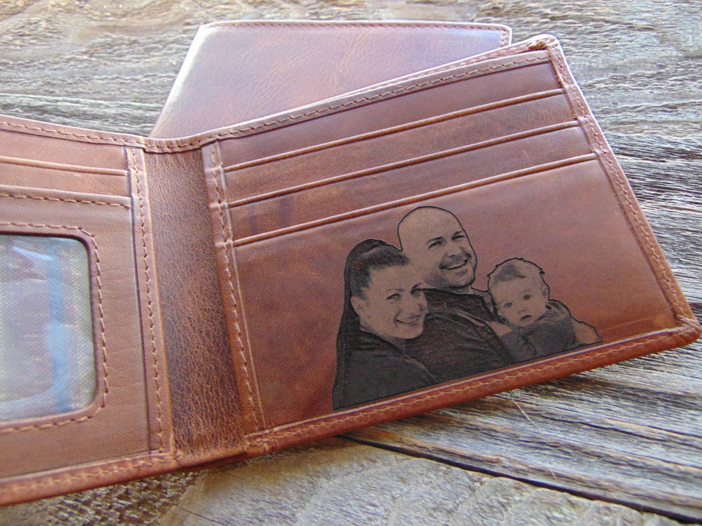 Personalized wallet gift for him, photo engraved leather mens wallet, Christmas, anniversary birthday gift, slim RFID blocking, gift for men