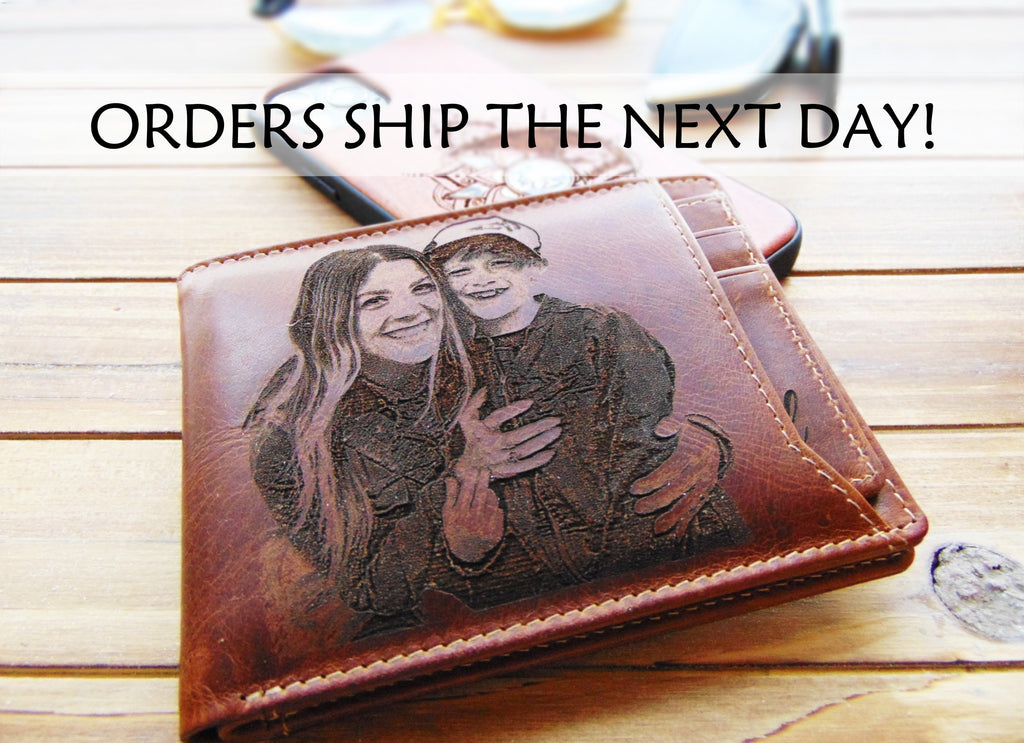 Personalized wallet gift for him, photo engraved leather mens wallet, Christmas, anniversary birthday gift, slim RFID blocking, gift for men