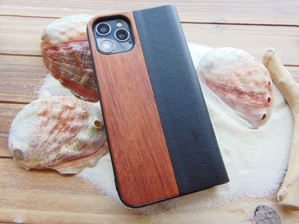 Wallet phone case, iphone 11, 12, 13 pro max Sun and compass design engraved wood case with abalone shell, personalized birthday gift