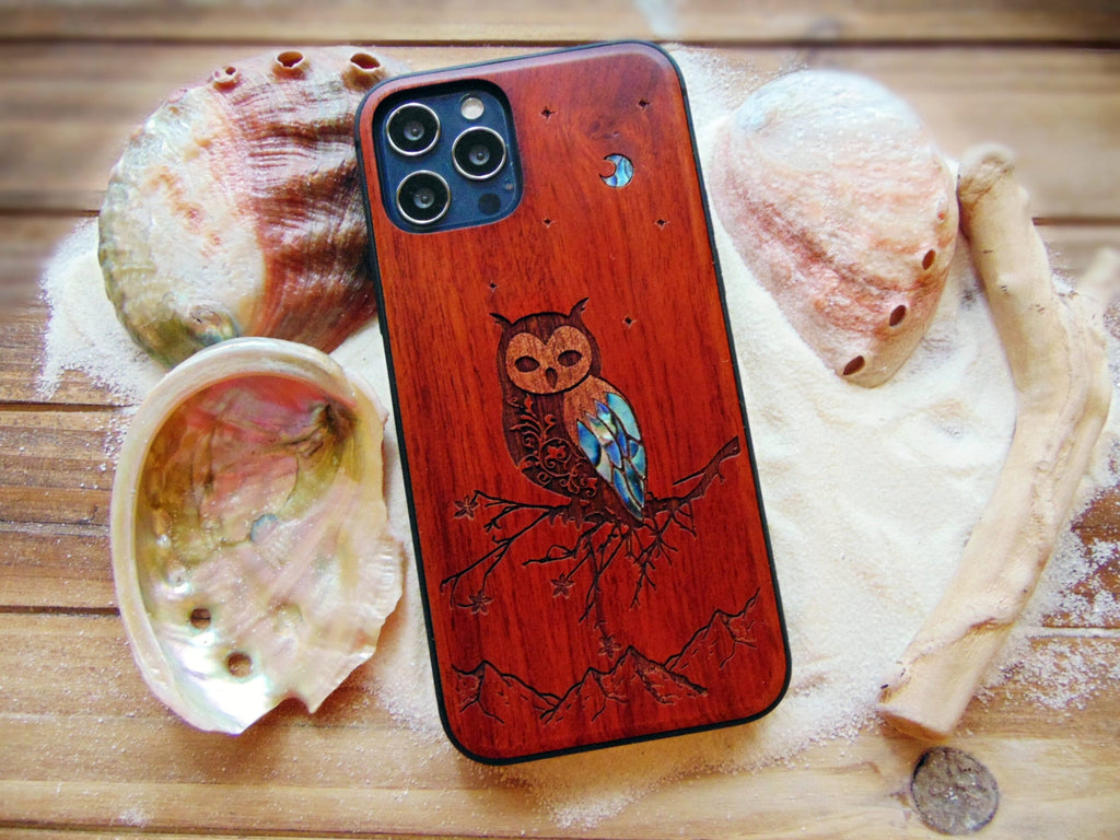 Handcrafted iphone 16, 15, 14, 13 pro max case, Owl Design Wood Phone Case For iPhone, Samsung Galaxy S24, S23 cases
