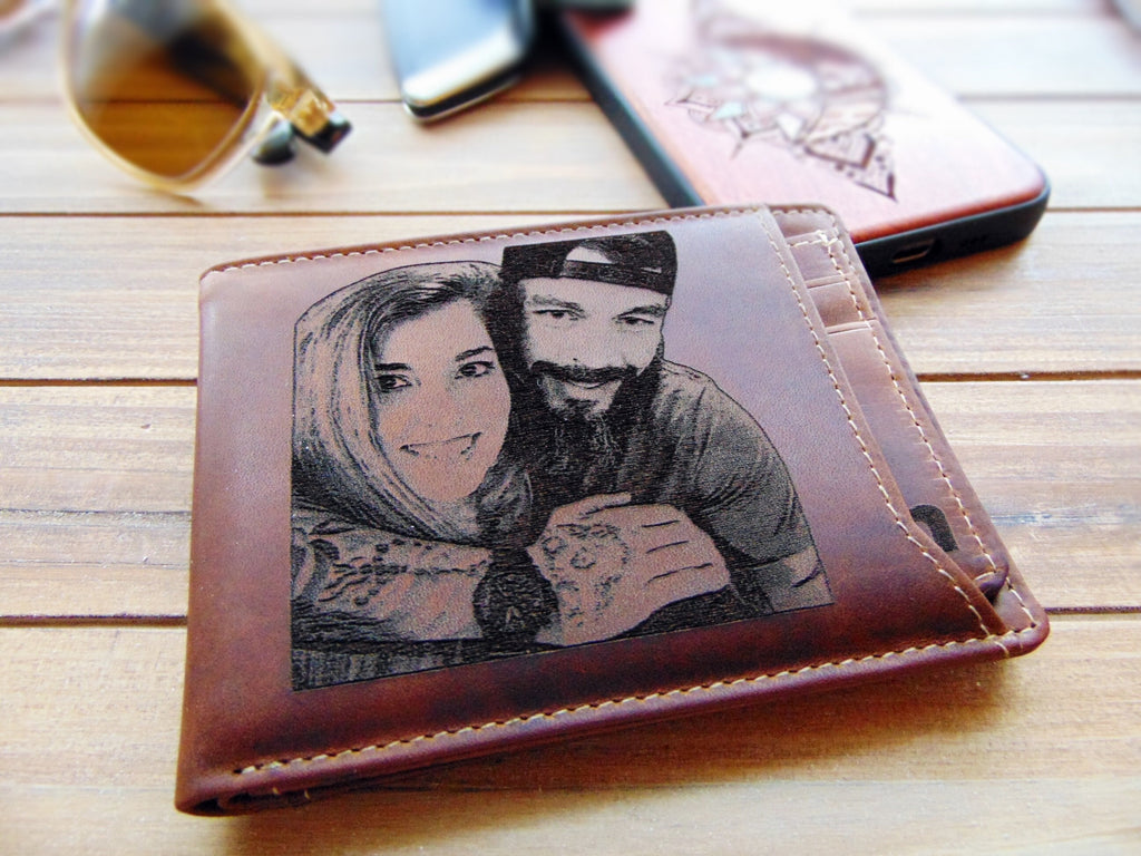 Personalized wallet gift for him, photo engraved leather mens wallet, Christmas, anniversary birthday gift, slim RFID blocking, gift for men