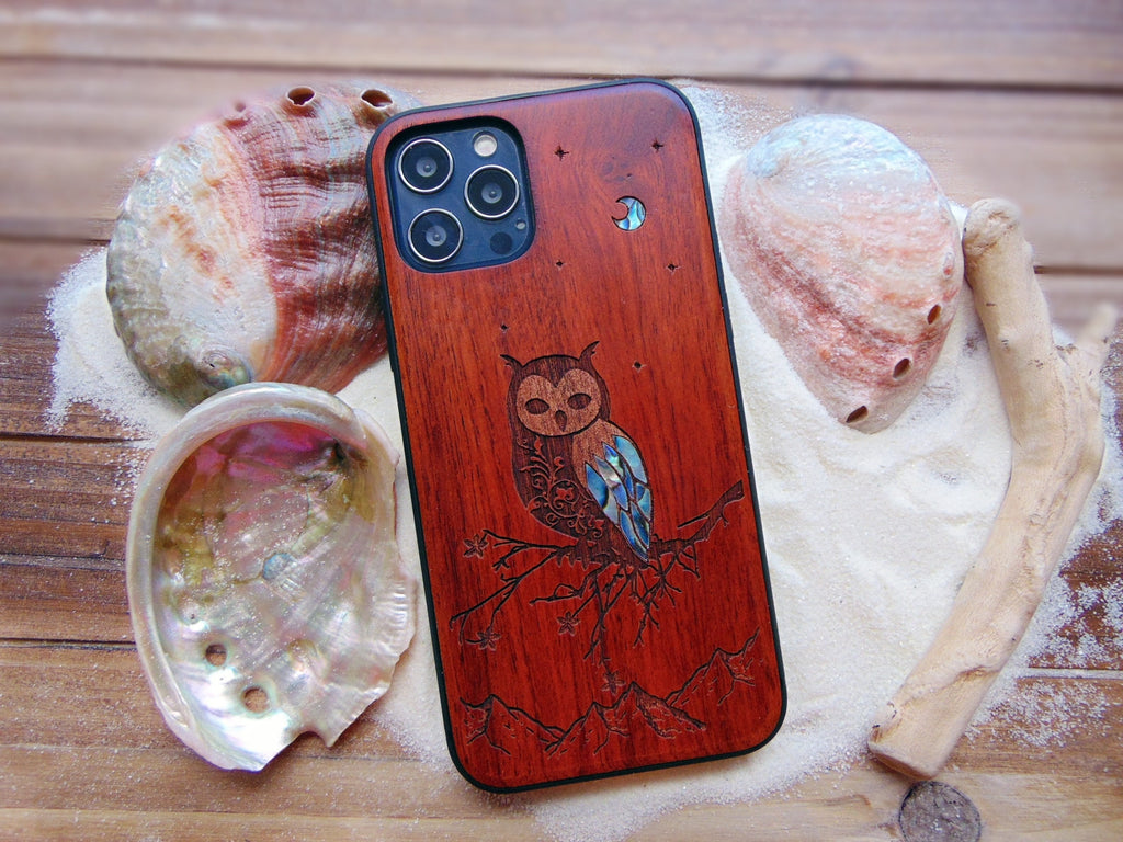 Handcrafted iphone 16, 15, 14, 13 pro max case, Owl Design Wood Phone Case For iPhone, Samsung Galaxy S24, S23 cases