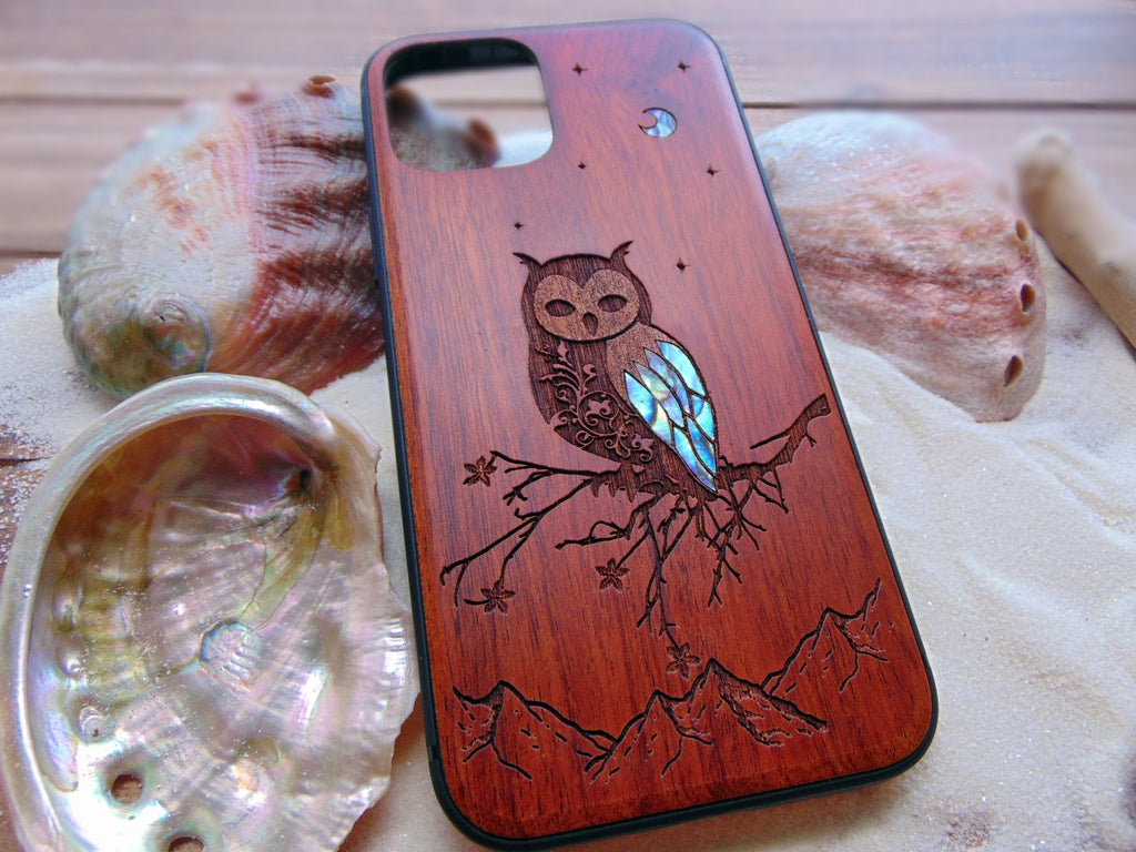 Handcrafted iphone 16, 15, 14, 13 pro max case, Owl Design Wood Phone Case For iPhone, Samsung Galaxy S24, S23 cases