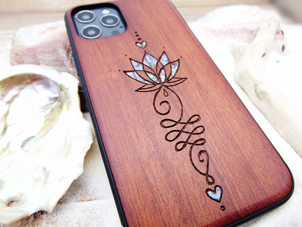 iPhone 16, 15, 14, 13, 12 Pro Max case, Samsung Galaxy S24, S23, S22 ultra, S21, Unalome design, abalone shell inlay phone case