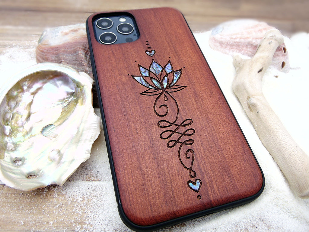 iPhone 16, 15, 14, 13, 12 Pro Max case, Samsung Galaxy S24, S23, S22 ultra, S21, Unalome design, abalone shell inlay phone case