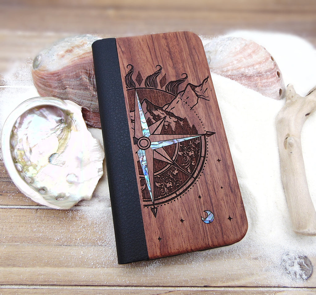 Wallet phone case, iphone 11, 12, 13 pro max Sun and compass design engraved wood case with abalone shell, personalized birthday gift