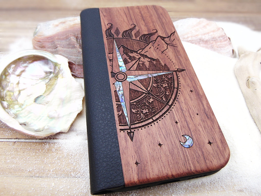 Wallet phone case, iphone 11, 12, 13 pro max Sun and compass design engraved wood case with abalone shell, personalized birthday gift