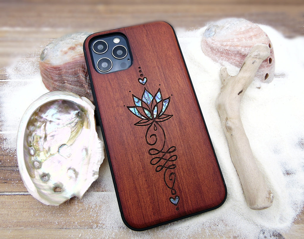 iPhone 16, 15, 14, 13, 12 Pro Max case, Samsung Galaxy S24, S23, S22 ultra, S21, Unalome design, abalone shell inlay phone case