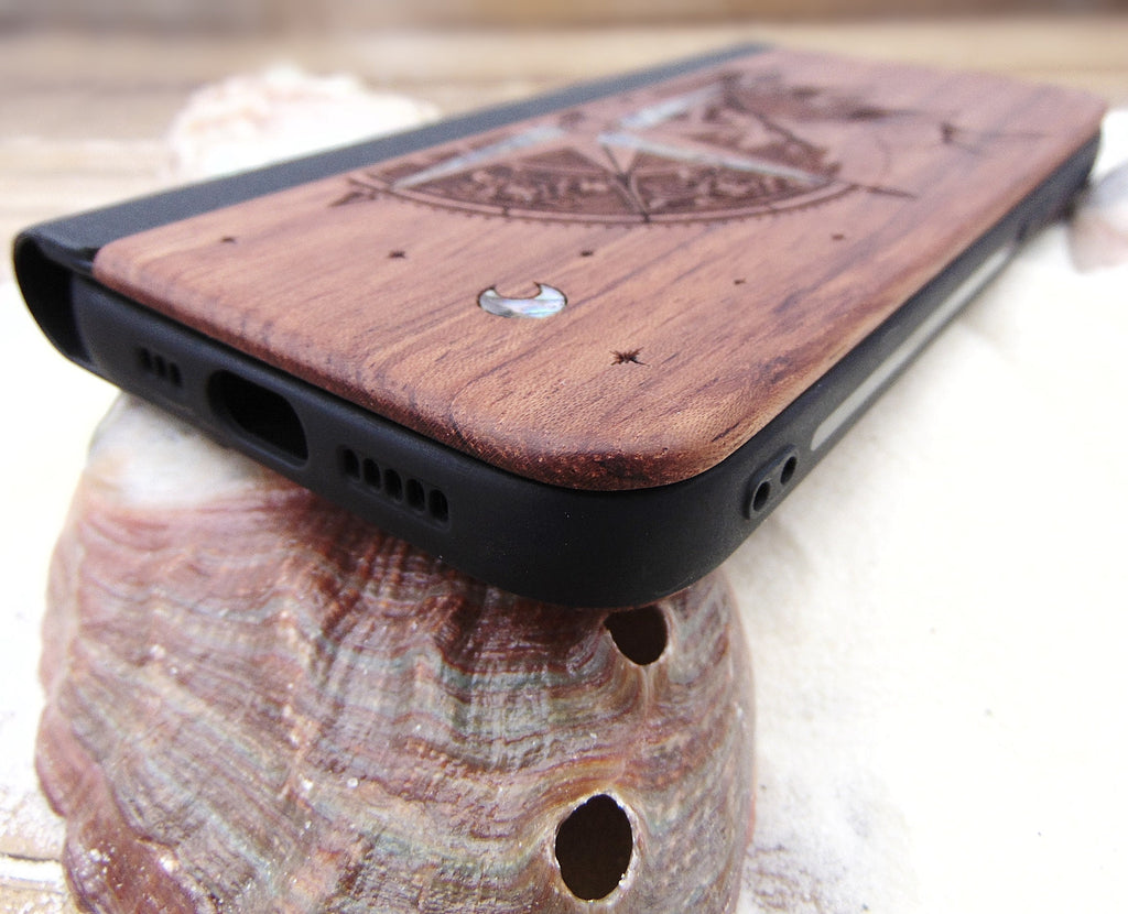 Wallet phone case, iphone 11, 12, 13 pro max Sun and compass design engraved wood case with abalone shell, personalized birthday gift