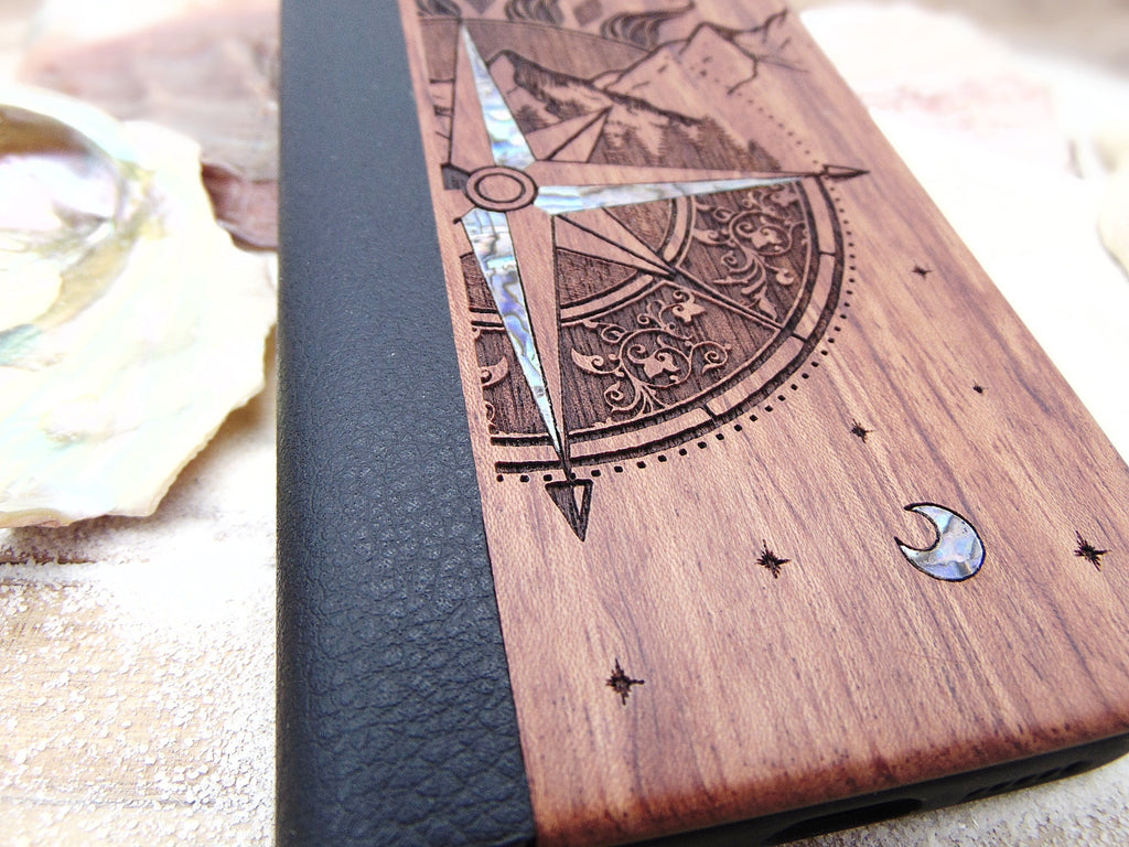 Wallet phone case, iphone 11, 12, 13 pro max Sun and compass design engraved wood case with abalone shell, personalized birthday gift