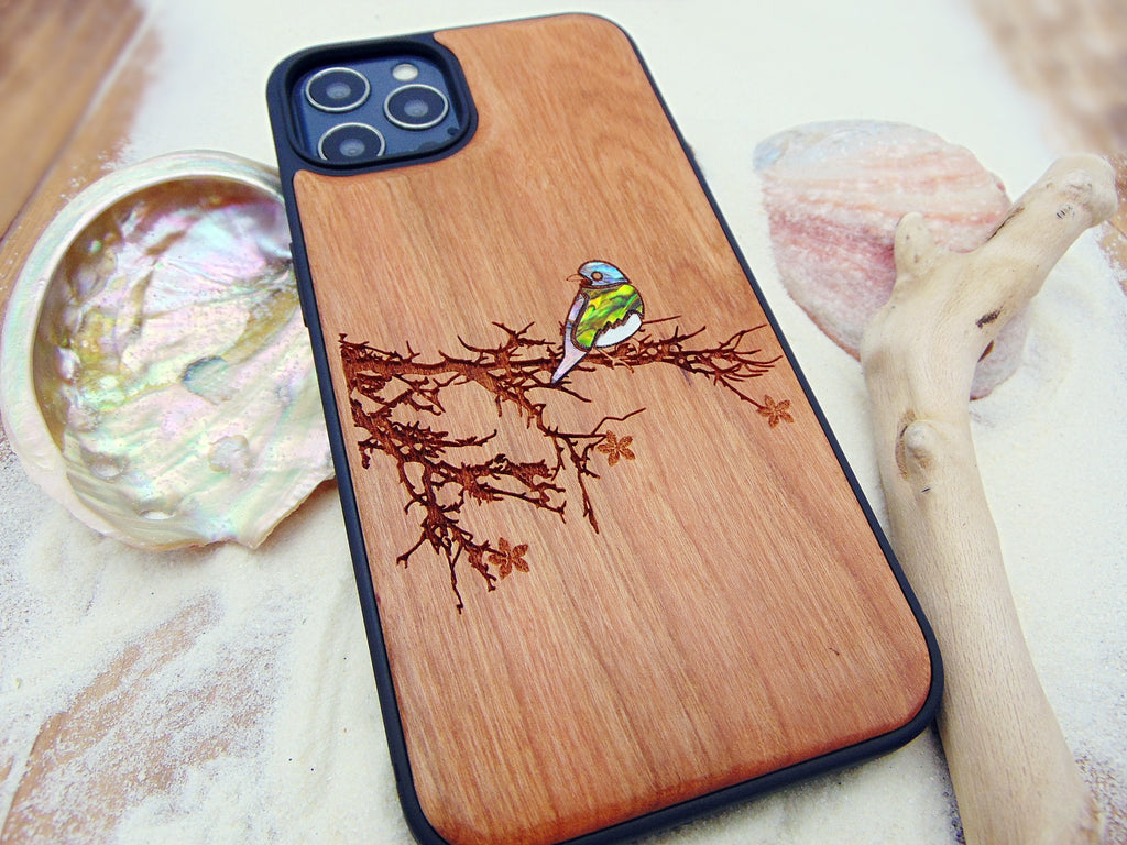 Bird lover gift iPhone 16, 15, 14, 13 Pro case, Samsung Galaxy S22, S23, S24 Pixel 7 bluebird design custom abalone shell inlay phone case
