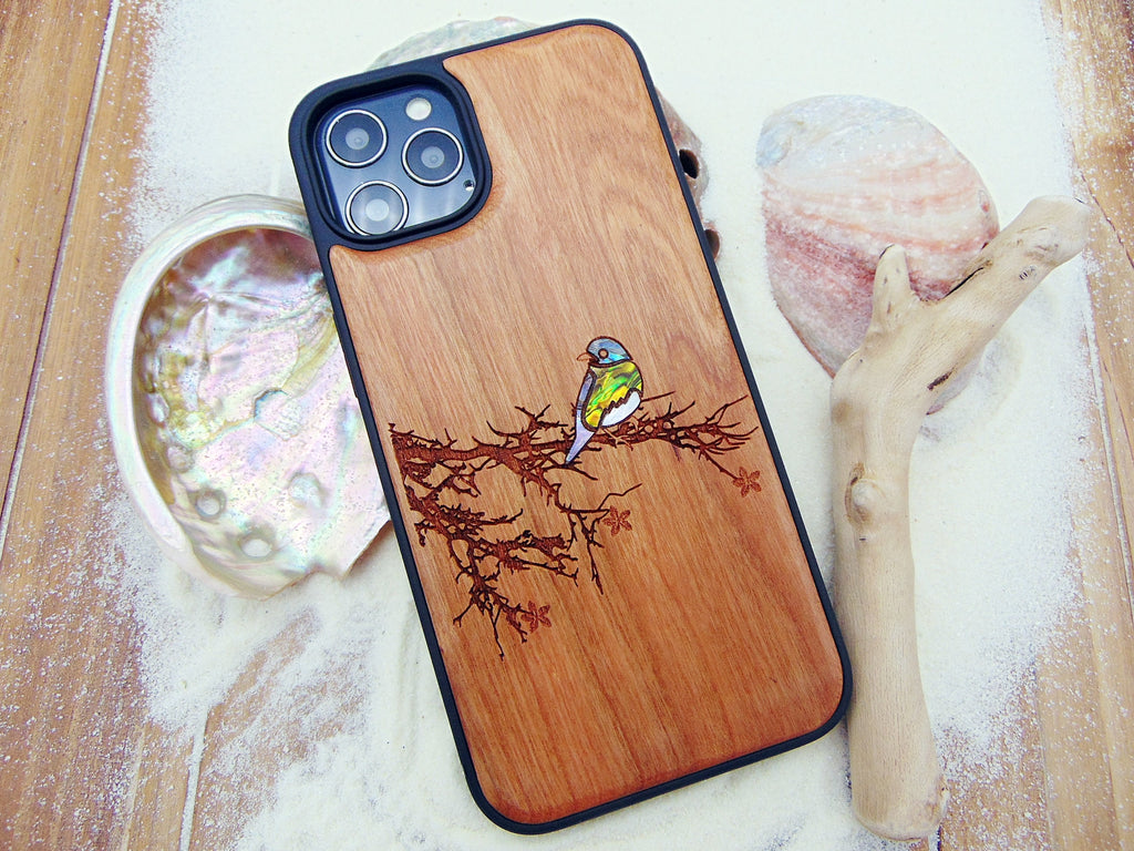 Bird lover gift iPhone 16, 15, 14, 13 Pro case, Samsung Galaxy S22, S23, S24 Pixel 7 bluebird design custom abalone shell inlay phone case