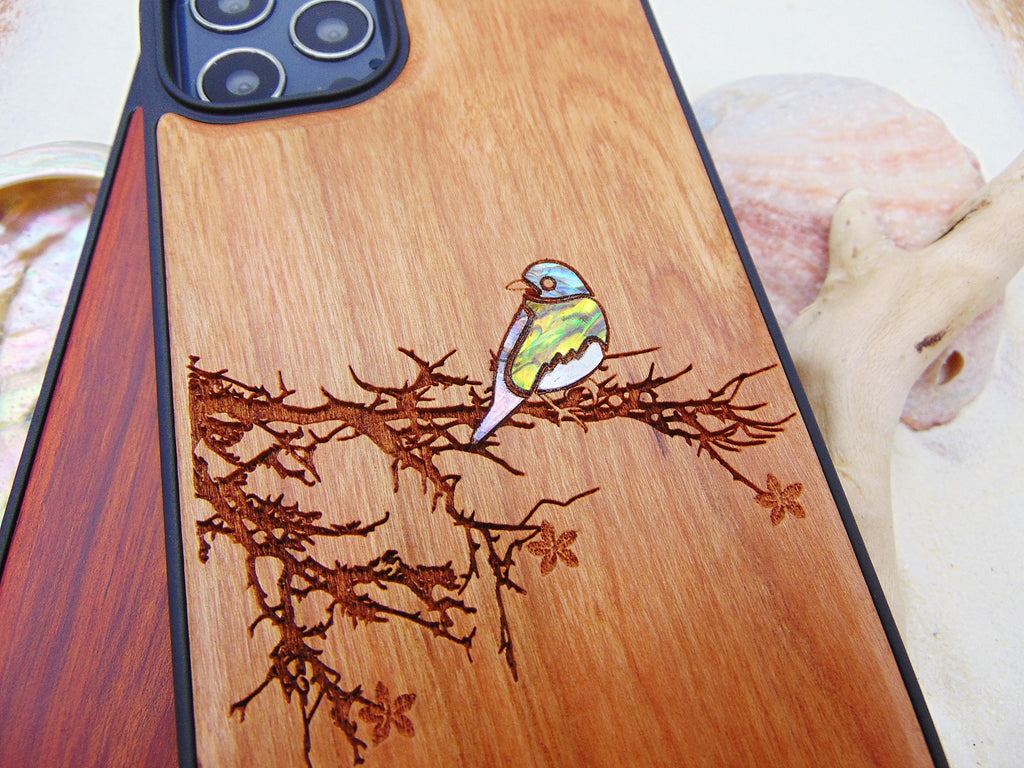 Bird lover gift iPhone 16, 15, 14, 13 Pro case, Samsung Galaxy S22, S23, S24 Pixel 7 bluebird design custom abalone shell inlay phone case