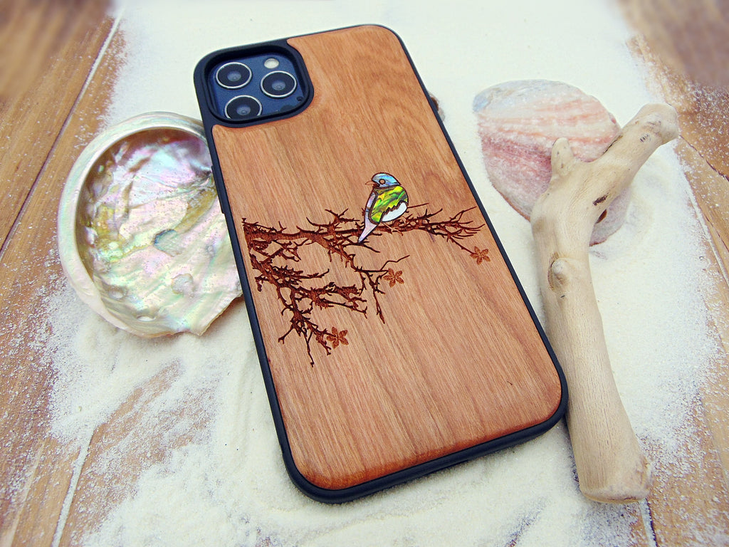 Bird lover gift iPhone 16, 15, 14, 13 Pro case, Samsung Galaxy S22, S23, S24 Pixel 7 bluebird design custom abalone shell inlay phone case