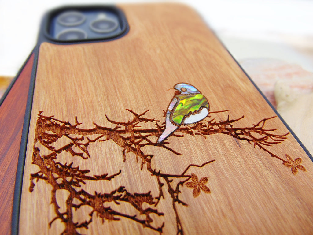 Bird lover gift iPhone 16, 15, 14, 13 Pro case, Samsung Galaxy S22, S23, S24 Pixel 7 bluebird design custom abalone shell inlay phone case