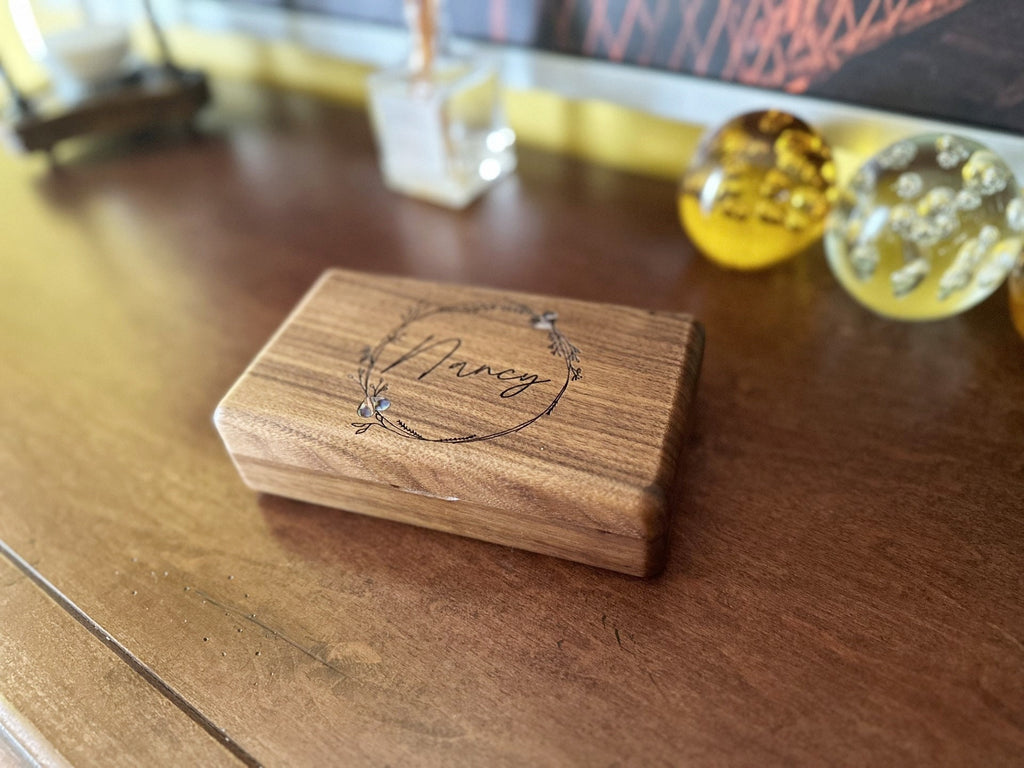 Personalized engraved wood jewelry box, Earring ring bracelet box, Jewelry organizer, Abalone shell inlay walnut wood jewelry box