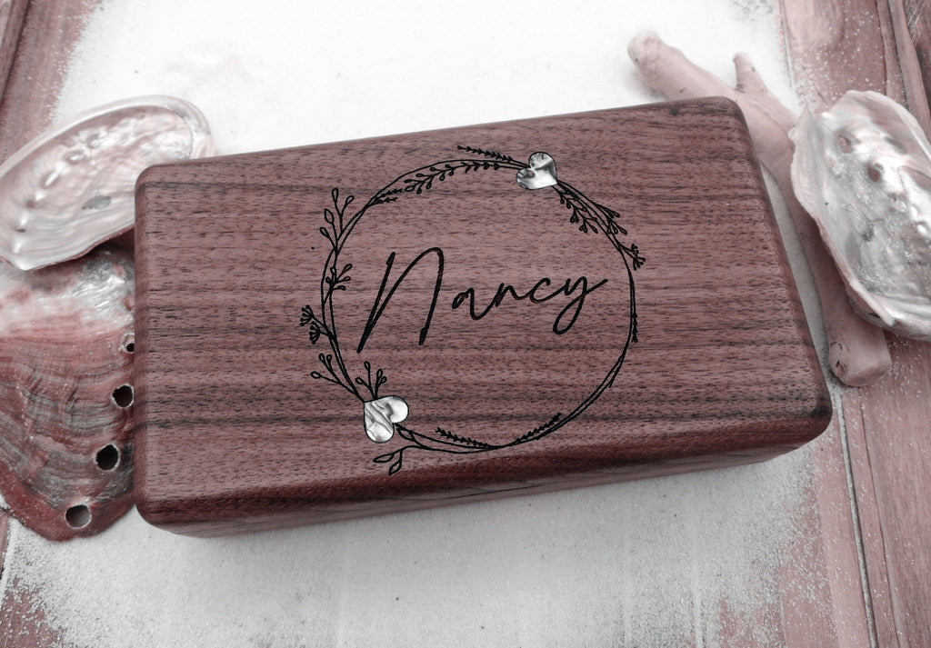 Personalized engraved wood jewelry box, Earring ring bracelet box, Jewelry organizer, Abalone shell inlay walnut wood jewelry box