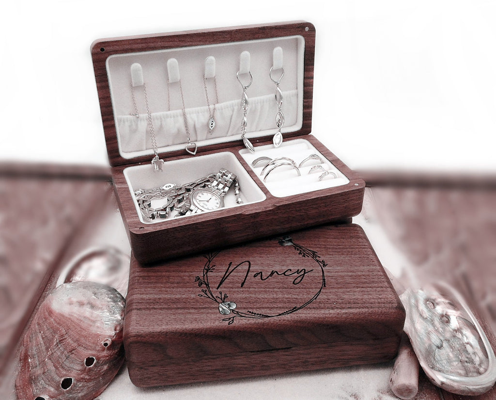 Personalized engraved wood jewelry box, Earring ring bracelet box, Jewelry organizer, Abalone shell inlay walnut wood jewelry box