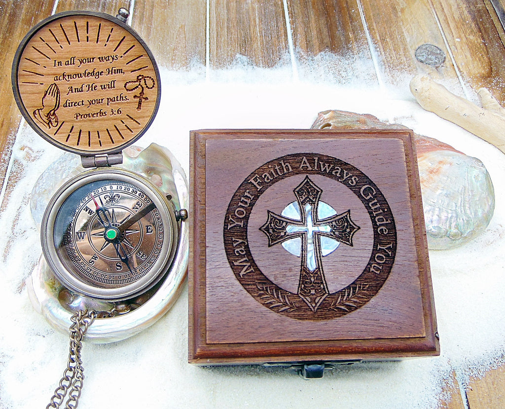 Baptism compass gift, Vintage-inspired Compass in Wooden Box for Baptism - Charm and Guidance Combined.