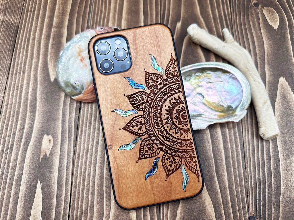 iPhone 15, 14, 13, Pro Max case, Samsung Galaxy S24, S23, S22 ultra Mandala design, personalized gift abalone shell inlay phone case