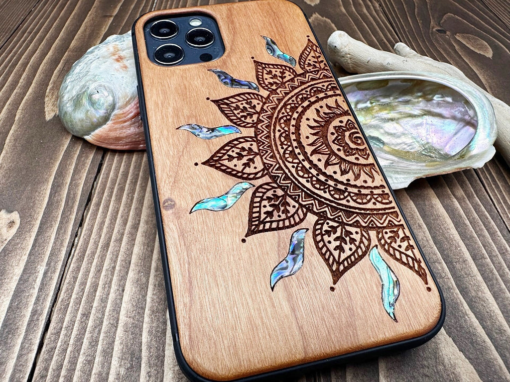 iPhone 15, 14, 13, Pro Max case, Samsung Galaxy S24, S23, S22 ultra Mandala design, personalized gift abalone shell inlay phone case