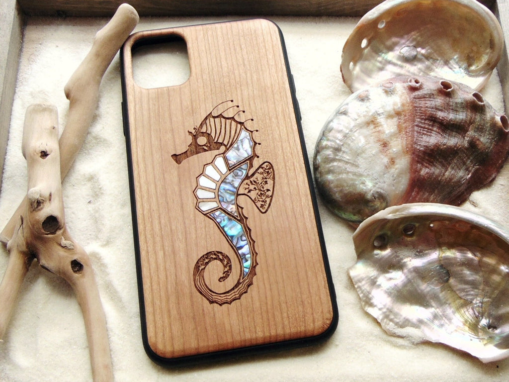 iPhone 16, 15, 14, 13, 12 Max case, Samsung Galaxy s24, S23, S22 ultra, Seahorse design, abalone shell inlay phone case
