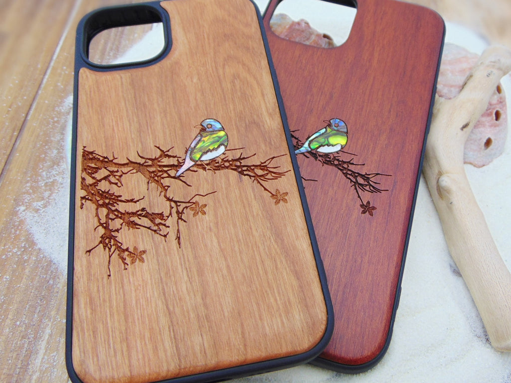 Bird lover gift iPhone 16, 15, 14, 13 Pro case, Samsung Galaxy S22, S23, S24 Pixel 7 bluebird design custom abalone shell inlay phone case