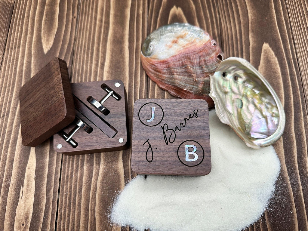 Personalized Cufflinks Engraved Gift in Wooden Box Custom Gift for Him Groomsman Cuff Links & Tie Clip Set