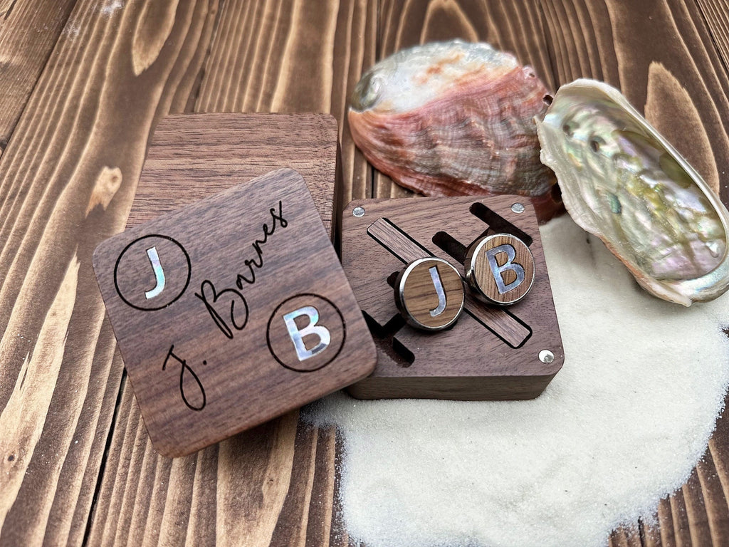 Personalized Cufflinks Engraved Gift in Wooden Box Custom Gift for Him Groomsman Cuff Links & Tie Clip Set