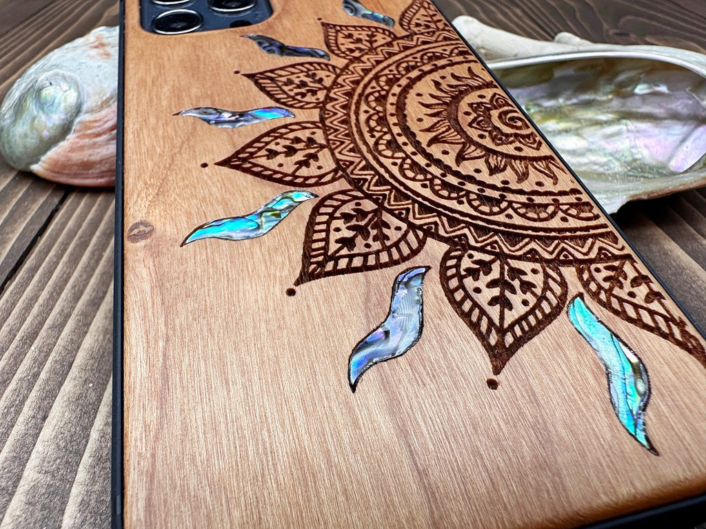 iPhone 15, 14, 13, Pro Max case, Samsung Galaxy S24, S23, S22 ultra Mandala design, personalized gift abalone shell inlay phone case