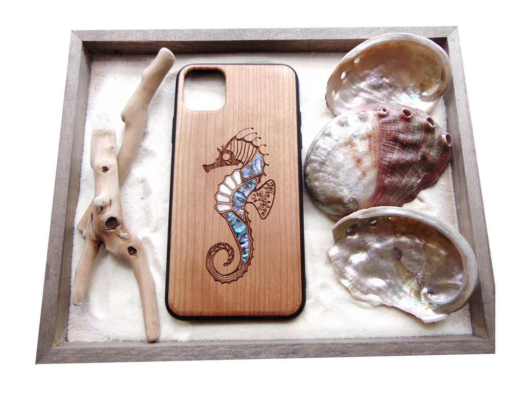 iPhone 16, 15, 14, 13, 12 Max case, Samsung Galaxy s24, S23, S22 ultra, Seahorse design, abalone shell inlay phone case