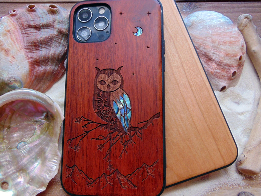 Handcrafted iphone 16, 15, 14, 13 pro max case, Owl Design Wood Phone Case For iPhone, Samsung Galaxy S24, S23 cases