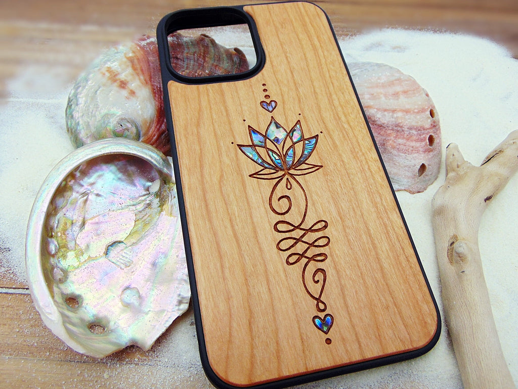 iPhone 16, 15, 14, 13, 12 Pro Max case, Samsung Galaxy S24, S23, S22 ultra, S21, Unalome design, abalone shell inlay phone case