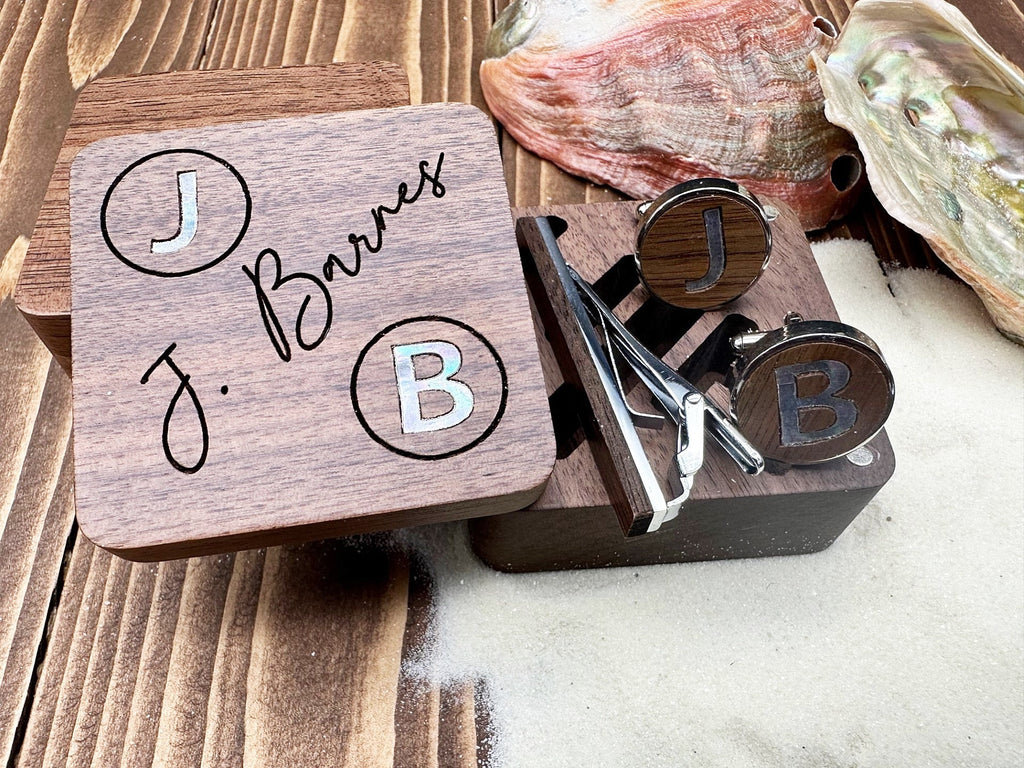 Personalized Cufflinks Engraved Gift in Wooden Box Custom Gift for Him Groomsman Cuff Links & Tie Clip Set