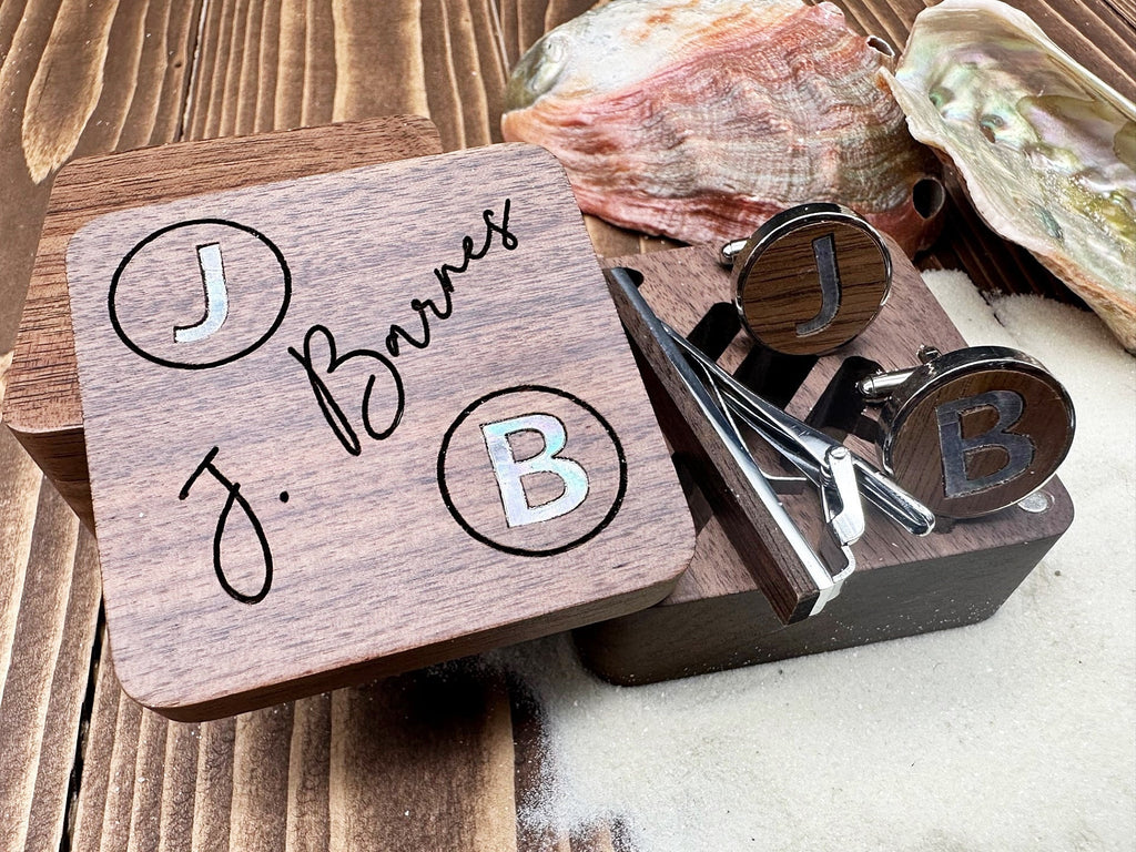 Personalized Cufflinks Engraved Gift in Wooden Box Custom Gift for Him Groomsman Cuff Links & Tie Clip Set