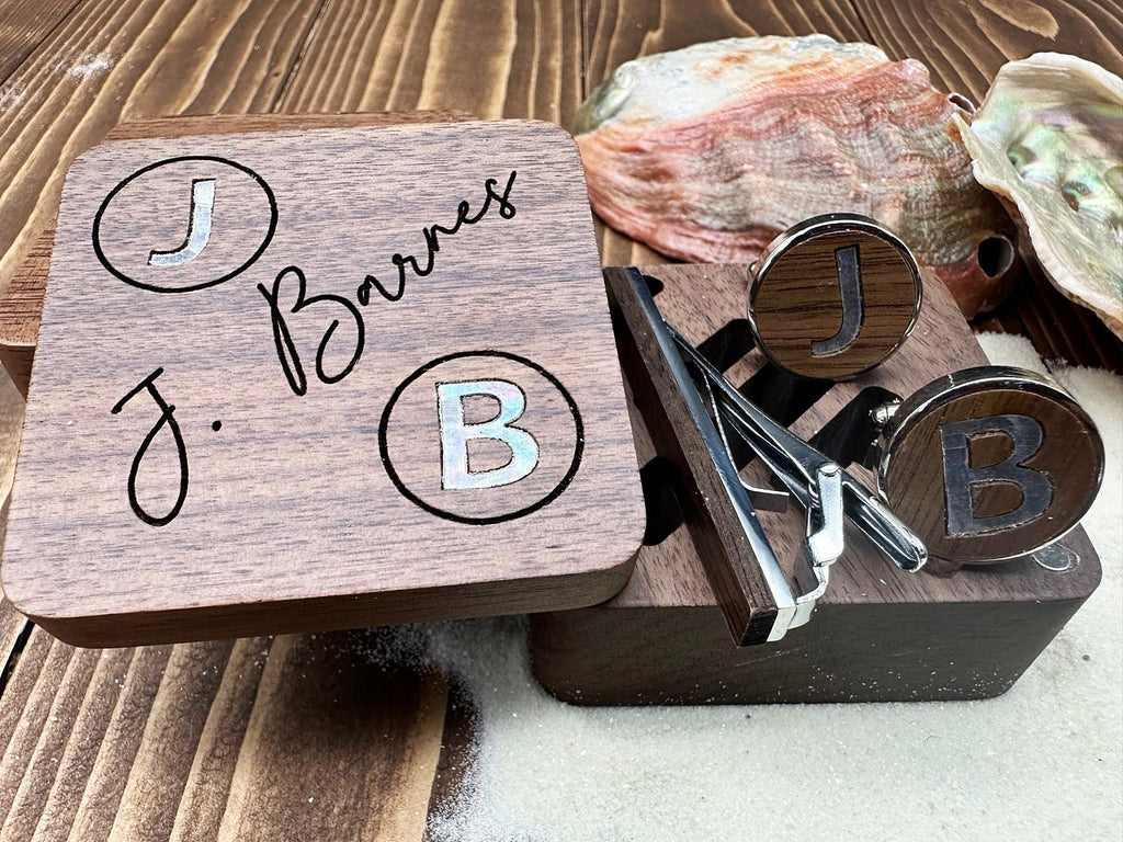 Personalized Cufflinks Engraved Gift in Wooden Box Custom Gift for Him Groomsman Cuff Links & Tie Clip Set