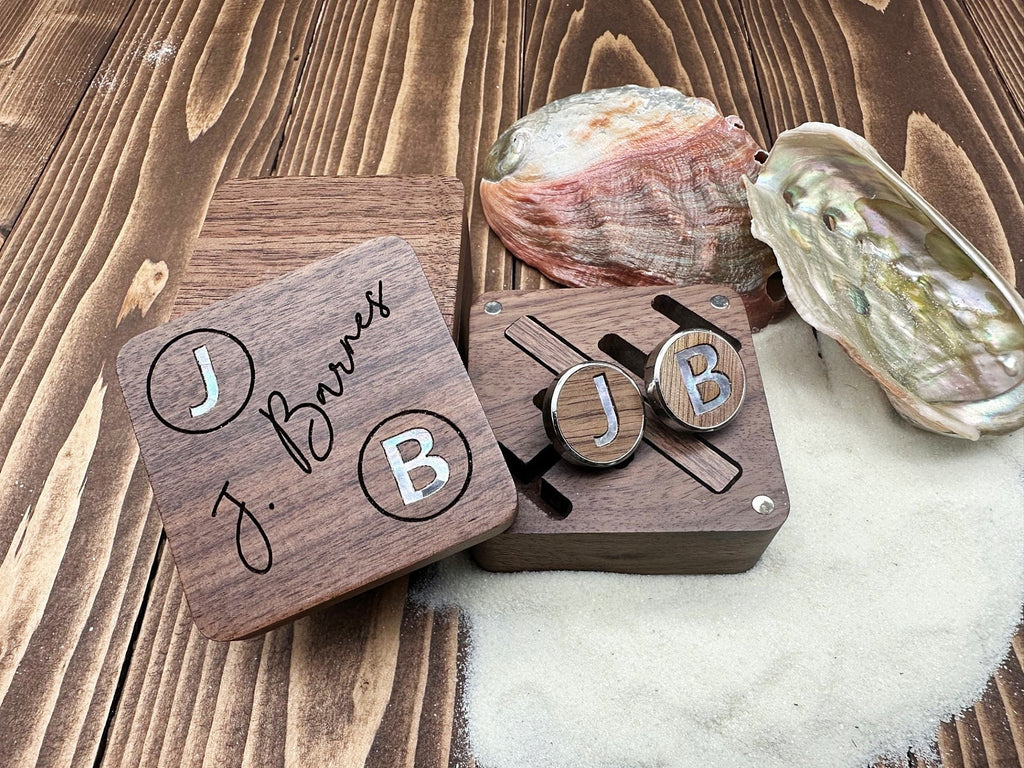 Engraved Wooden Cufflinks with Personalized Initials - Custom Gift for Him Groomsman Cuff Links & Tie Clip Set