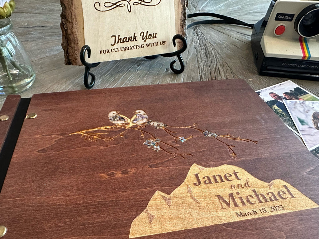 Personalized Polaroid Guest Book for Weddings - Engraved Wood Cover, Photos & Messages, Rustic Photobooth Album