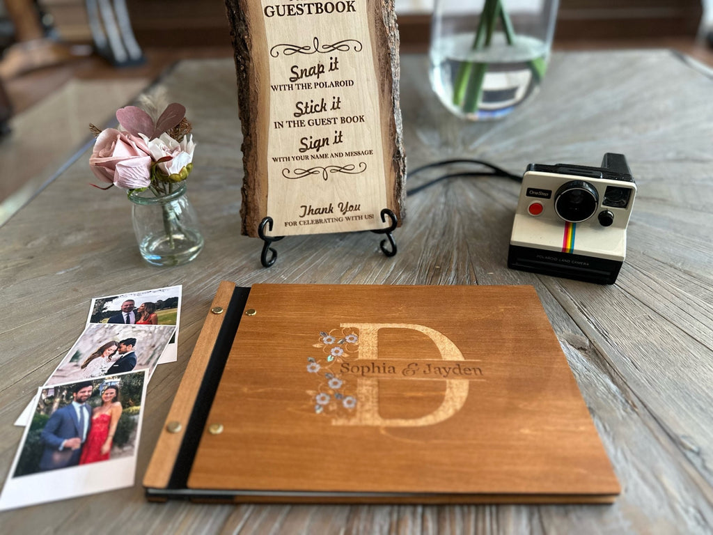 Personalized Polaroid Guest Book for Weddings - Engraved Wood Cover, Photos & Messages, Rustic Photobooth Album